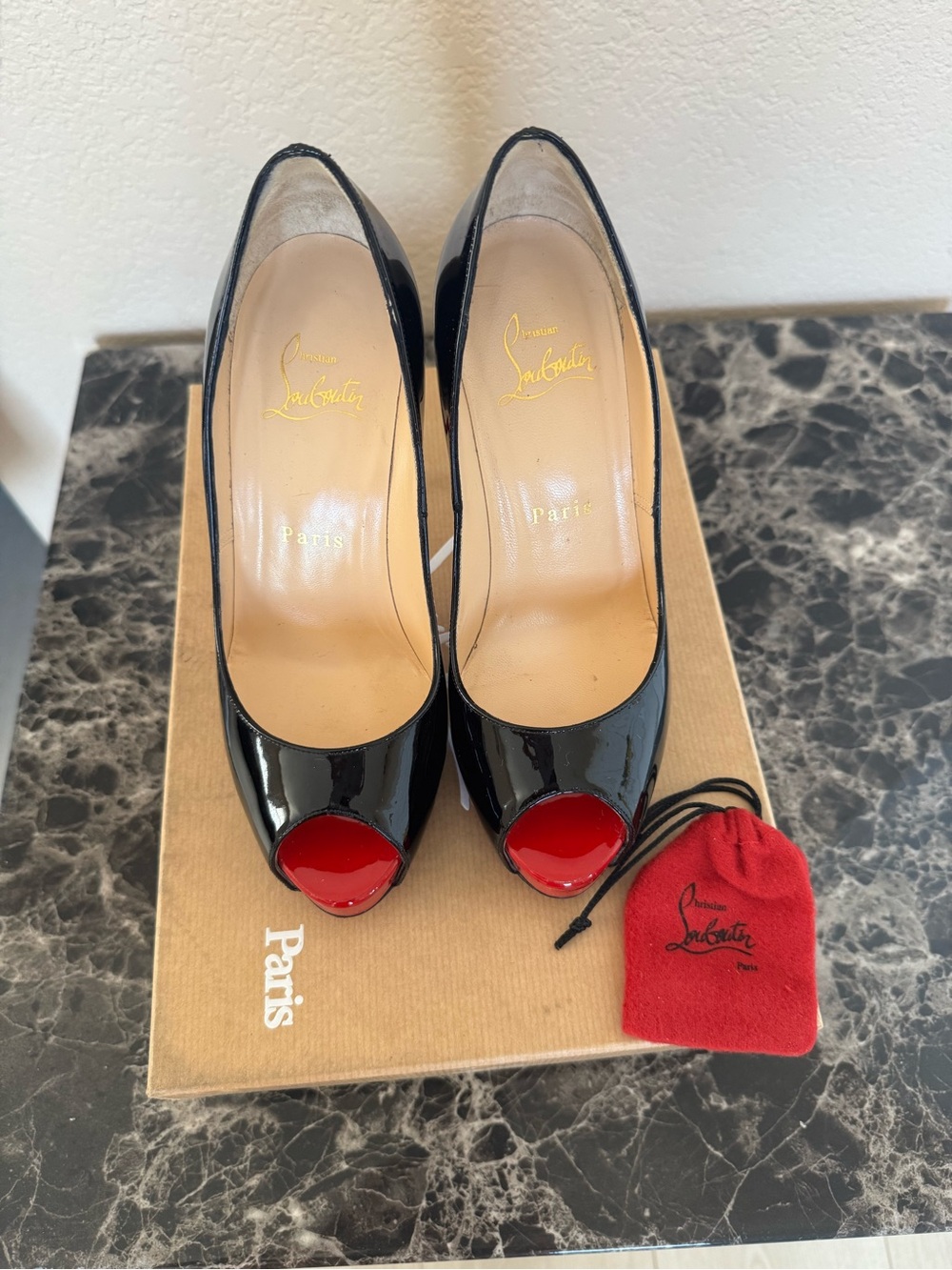 Christian Louboutin Black Patent Peep-Toe Pumps with Red Toe
